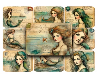 Vintage Mermaid Postcards: Printable Ephemera, Ocean Clip Art (Digital Download)