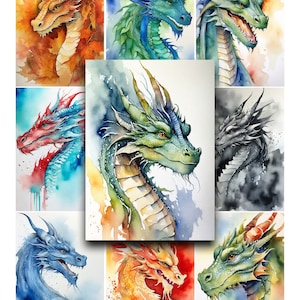 Watercolor Dragon Portraits: Printable ATC Cards for Junk Journals (Digital Download)