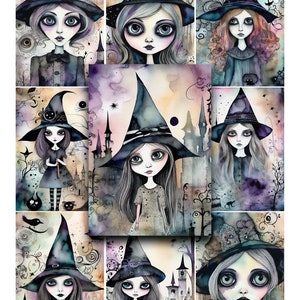 Whimsical Witches Printable Cards: Gothic Halloween Ephemera (Digital Download)