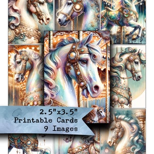 Cartões para impressão, ATC, carrossel, cavalos, carnaval, coisas efêmeras, diários indesejados, folha de colagem, folha digital, cartas de bolso, papel para impressão