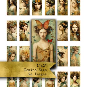 Könnte beinhalten: Ein digitales Collage-Blatt mit 24 Bildern von Frauen mit Schmetterlingsflügeln und floralen Akzenten. Die Bilder sind im Domino-Format, 2,5 cm x 5 cm groß.
