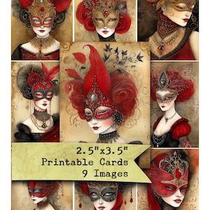Op de afbeelding: Negen printbare kaarten met digitale illustraties van vrouwen die rode en gouden maskers dragen. De kaarten zijn 2,5 inch bij 3,5 inch.