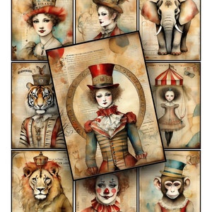 Circus Ephemera, Printable Paper, Junk Journals, Vintage, Grunge, Digital, Tiger, Lion, Elephant, Journal Cards, Tags, Clowns, Circus Art