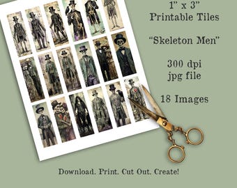 Skeleton Man Collage Sheet: Vintage Victorian Ephemera 1x3 Tiles (Printable Images)
