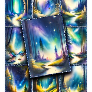 Bunte verzauberten Wald ATC Hintergründe für Collage Tags Junk Journals 2,5 x 3,5 Zoll Printable Sofortiger Download Clip Art Waldnacht