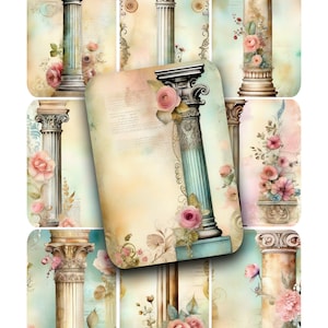 Puede incluir: Nueve hojas de collage digital que presentan columnas ornamentadas con acentos florales en tonos de rosa, blanco y verde. Las columnas se colocan sobre un fondo de texto descolorido y lavados de acuarela.