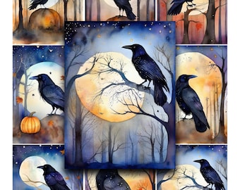 Raven & Crow Halloween Graphics: Printable Junk Journal Paper (Digital Paper)