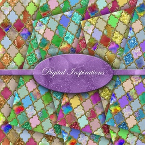 Marokkaanse tegels digitaal papier Instant Downloads afdrukbaar 12 x 12 digitaal papier Scrapbook papier downloadbare kleurrijke tegels Glitter Papers