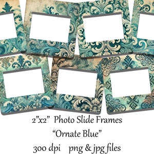 May include: Set of six 2x2 inch photo slide frames with ornate blue and gold patterned borders.  The frames are digital downloads in PNG and JPG format at 300 dpi.