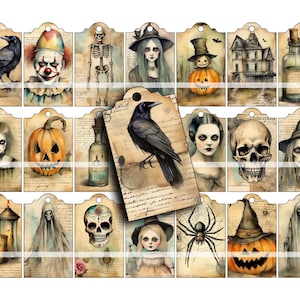 HALLOWEEN, Collage Sheet, digitale Tags, Junk Journal, Verzierungen, gruselig, Vintage Postkarten, beunruhigt, Geschenkanhänger, druckbar, Hexen