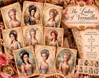 May include: A collection of nine rectangular portrait cards titled The Ladies of Versailles, each featuring an oval illustration of a woman in 18th-century attire. The cards measure 2.5 inches by 3.5 inches and include text detailing high-resolution JPG and PNG file formats.