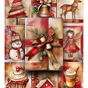 Rustic Christmas Collage Sheet: Vintage Watercolor Ephemera (Digital Download)