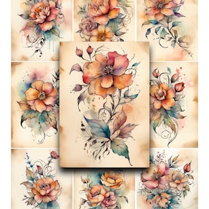 Floral Tattoo Style Printable Cards: Junk Journal Ephemera (Digital Download)