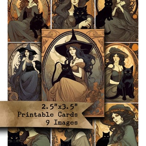 Peut inclure: Neuf cartes imprimables illustrant des sorcières avec des chats noirs. Chaque carte mesure 2,5 pouces par 3,5 pouces et présente une sorcière différente dans un style vintage avec un chat noir. Les cartes sont parfaites pour le scrapbooking, la fabrication de cartes ou d'autres projets d'artisanat.