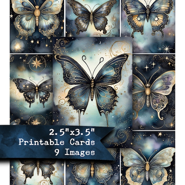 Celestial, Butterflies, Dark, Aged, Vintage, Watercolor, Printable Paper, Journaling Cards, Scrapbooking,  Digital Paper, Journals, Ephemera