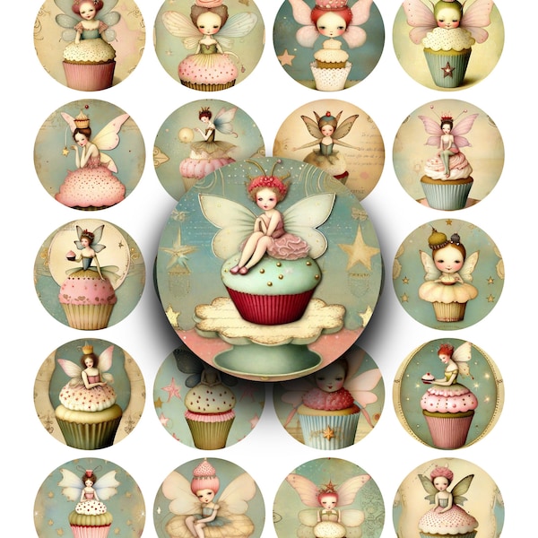 45mm, Circles, Digital Images, Vintage, Cupcakes, Fairies, Faeries, Stickers, Jewelry Trays, Round Images, 45mm Round, Clip Art, Clipart