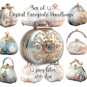 Kunstvolle Märchen-Handtaschen Clip Art: Glitzernde PNG Grafiken (Instant Download)