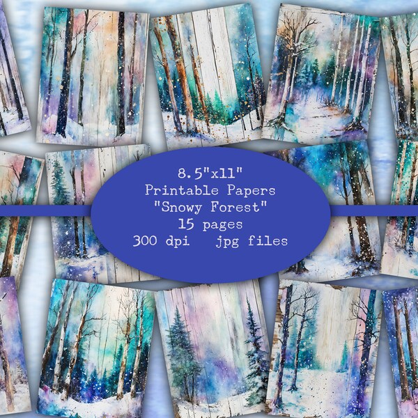 Printable Paper, Paper Pack, 8.5x11, Snowy Forest, Forest, Woods, Snow, Winter,  Digital Sheet, Junk Journals,  Mixed Media, Digital Paper