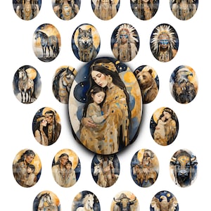 Könnte beinhalten: Ein Set mit 20 ovalen digitalen Papierdesigns mit indianischen Motiven. Die Designs beinhalten Bilder von indianischen Frauen, Männern, Tieren und Symbolen. Die Designs sind im Aquarellstil gehalten und haben einen Vintage-Look.