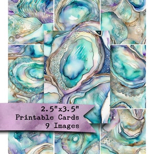 May include: Nine printable cards featuring abstract watercolor designs of agate slices in shades of blue, green, purple, and gold. Each card measures 2.5 inches by 3.5 inches.