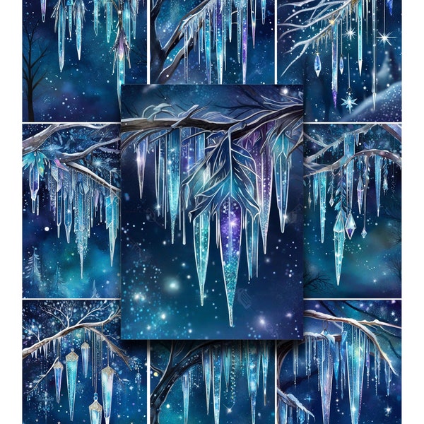 Journal Ephemera, Junk Journals, Sparkling Icicles, Icicles, Winter, Collage Sheet, Digital Sheet, Scrapbooking, Printable Paper, Watercolor