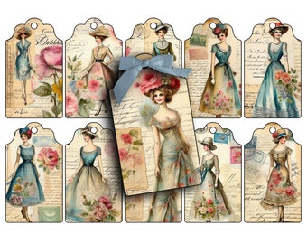 VINTAGE FASHION, Collage Sheet,  Digital, Tags, Junk Journals, Scrapbooking, Shabby Chic, Distressed, Gift Tag, Printable, Fashions, Dresses