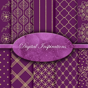 Goud paars geruite sterren strepen bloemen bloemen Instant Download bladeren 12 x 12 digitaal papier plakboek downloadbare printables Marokkaanse