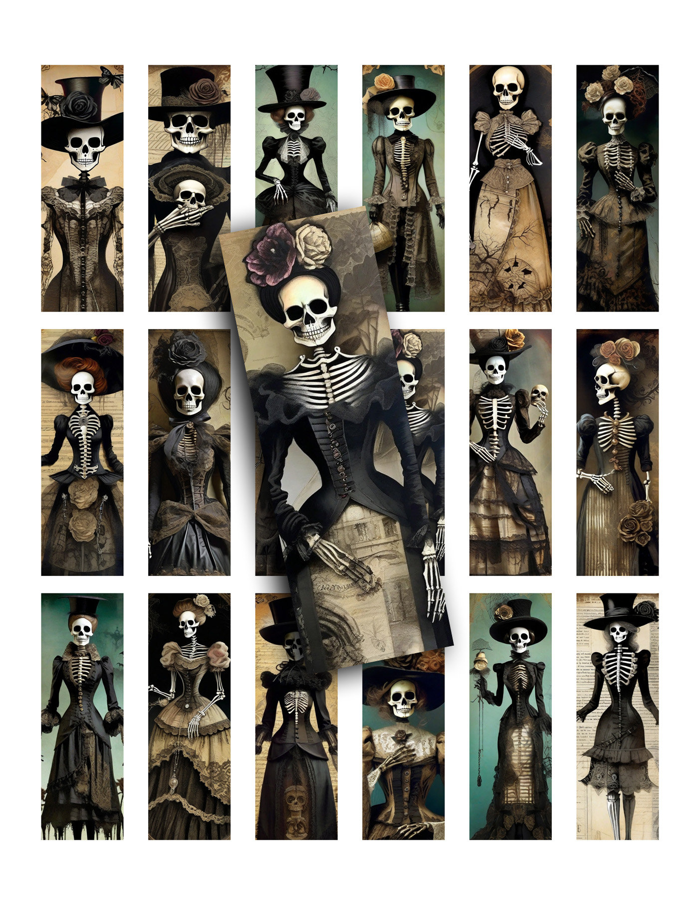 SKELETON GALS, Skeletons, Collage Sheet, Microscope, Printable Images, Printable Ephemera, Vintage, Halloween, Junk Journals, Tags, 1x3
