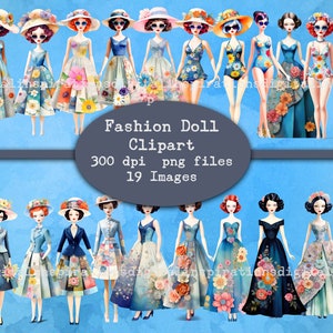 Retro Fashion Doll Clipart: Watercolor PNG Graphics (Digital Download)