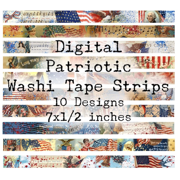 Patriotic Vintage Style Digital Washi Tapes Strips Grunge 4th of July Memorial Day  Downloadable Printable Junk Journal Independence Day