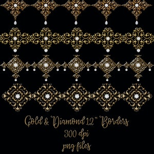 Gold and Diamonds Golden Borders 12 Inches Wide Instant Download Digital Background Overlays Christmas Holiday Decor Baroque Elegant Gilded