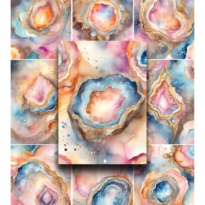 May include: A digital collage of nine watercolor paintings featuring abstract agate slices with gold, pink, blue, and purple hues. The agate slices are surrounded by a swirling background of watercolor washes.