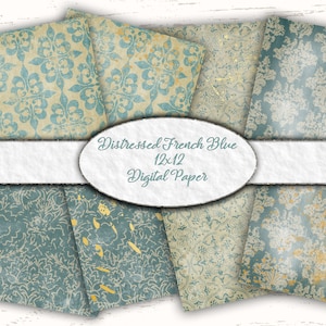 Distressed Damask French Blue Digital Papers Instant Download Printable 12x12 Scrapbooking Scrapbook Collage