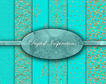 Gold and Turquoise / 12x12 Paper / Scrapbook Paper / Paper Crafts / Collage Sheet / Glitter Paper / Digital Paper / Teal Paper / Paper Craft