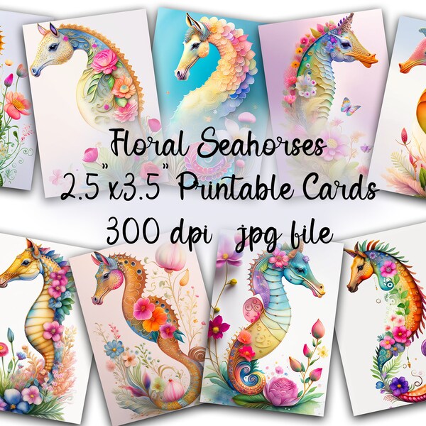 FANTASY Floral Seahorses Sea Horses  ATC Backgrounds for Collage Tags Junk Journals 2.5x3.5 Inches Printable Instant Journaling Cards ACEO