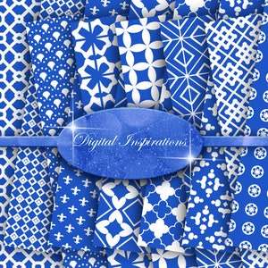Blauw en wit digitaal papierpakket 12 x 12 plakboek metallic gemengde media collagevel Instant Download achtergronden Afdrukbare items Blauw