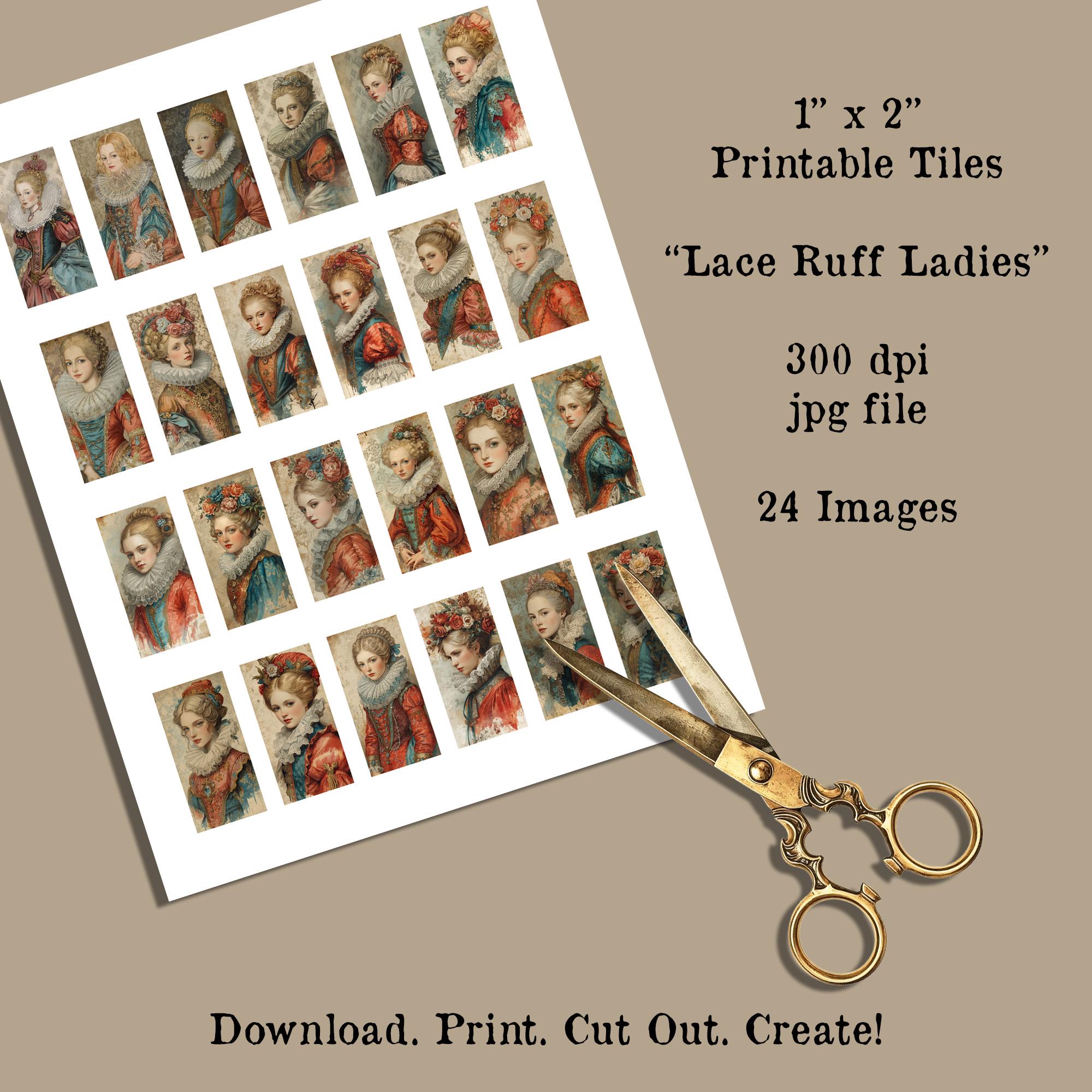 Lace Ruff Ladies Printable Tiles 1x2 Inch | Vintage Portrait Domino ...