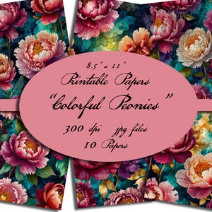 Papel imprimible, paquete de papel, tamaño carta, flores, floral, peonías, botánico, hoja digital, diarios basura, álbumes de recortes, técnica mixta