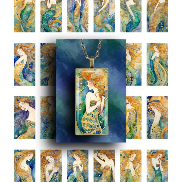 1x2, Printable Images, Domino Pendants, Journal Supplies, Mermaids, Klimt Style, Collage Sheet, Collage Sheet, Digital Sheet, Mermaid Images