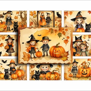 Journalkarten, Digital, 2x3, Druckbare Karten, Halloween, Postkarten, Visitenkarten, Kürbisse, Schwarze Katzen, Aquarell, Junk Journals, Digital
