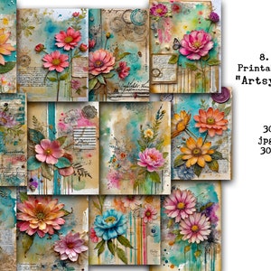 Printable Paper, Paper Pack, 8.5x11, Floral, Artsy, Flowers, Distressed, Papers, Digital Sheet, Junk Journals, Grunge, Mixed Media, Shabby