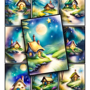 以下が含まれることがあります： 森の中にたたずむ、風変わりなコテージを描いた水彩画9枚のコラージュ。それぞれのコテージはユニークなデザインで、緑豊かな植物と曲がりくねった小川に囲まれています。絵画には、青、緑、黄など、さまざまな色が使われており、魔法にかかったような魅力的な雰囲気を作り出しています。