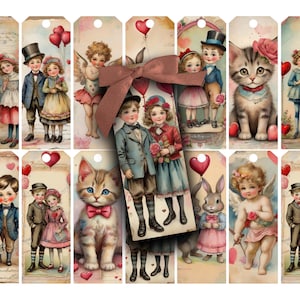 Schmale Tags, Valentinstag, Vintage, Viktorianisch, Postkarten, Shabby, Collage Sheet, Digital, Tags, Junk Journals, Scrapbooking, Clipart, Pocket