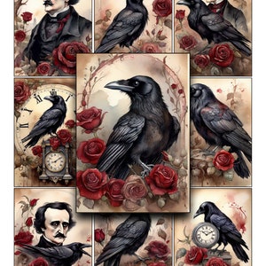 Raben, Rosen, Gothic, Edgar Allan Poe, Poe, Printable Paper, ATC, Journaling Cards, Scrapbooking, ACEO, Digital Paper, Halloween, Clip Art