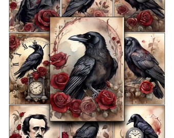 Gothic Ravens & Roses Printable Paper: Edgar Allan Poe Ephemera (Digital Paper)