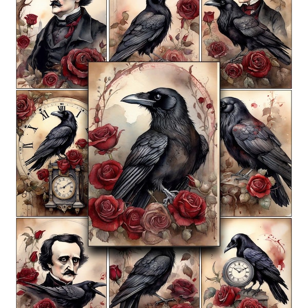 Ravens, Roses, Gothic, Edgar Allan Poe, Poe,  Printable Paper, ATC, Journaling Cards, Scrapbooking, ACEO, Digital Paper, Halloween, Clip Art