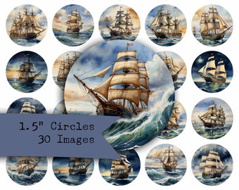 May include: 30 watercolour illustrations of sailing ships on a blue ocean. The ships have white sails and brown hulls. The images are in circles, each measuring 1.5 inches in diameter.