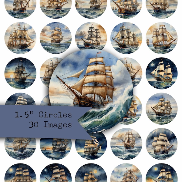 1.5 Inch Circles, Collage Sheet, Nautical, Ships, Sailing, Circles, Images for Pendants, Round Images, Ocean,  Jewelry Supplies, Coastal