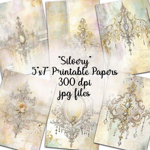 5x7, Printable Paper, Damask, Silver, Silver and Gold, Junk Journals, Scrapbooking, Romantic, Ornate, Digital Paper, Valentines Day, Rococo