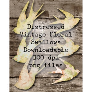 Hirondelles d'oiseaux floraux vintage en détresse, png, fond transparent, feuilles de collage numérique, téléchargement imprimable, images d'hirondelle d'oiseau